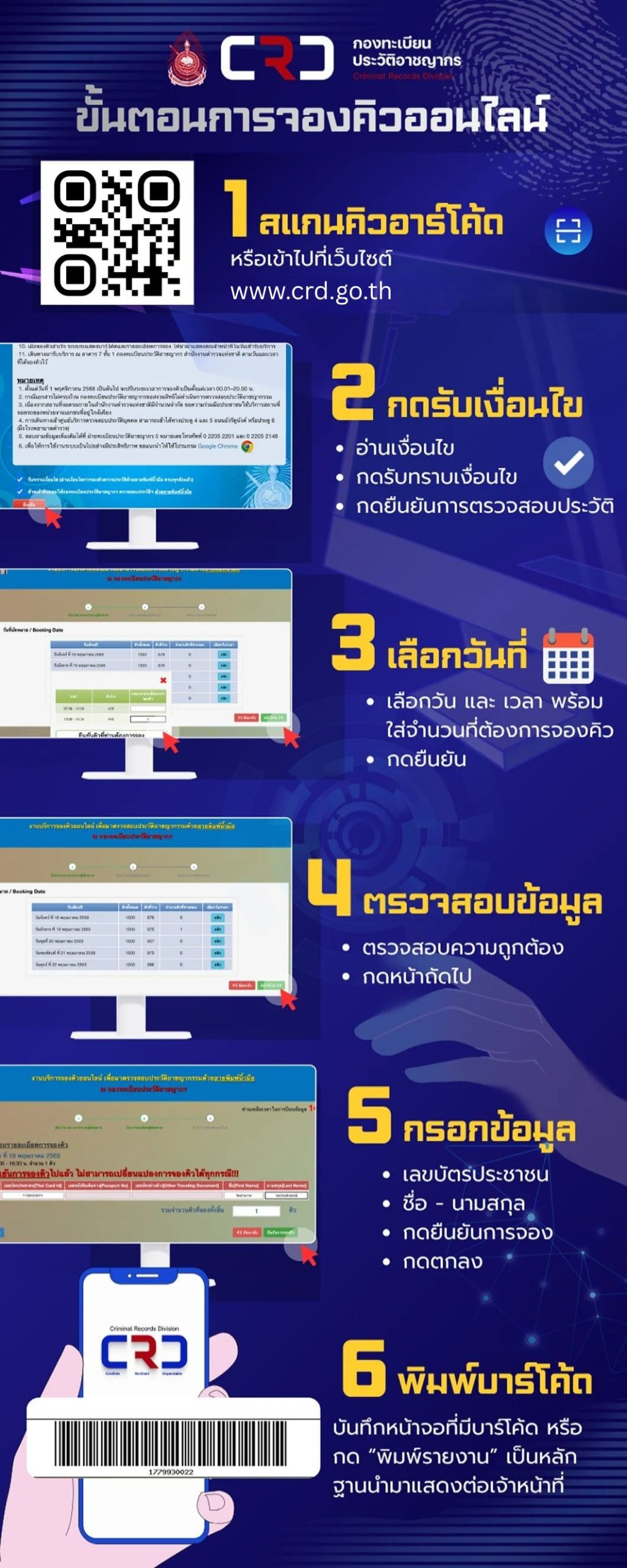 ขั้นตอนการจองคิวตรวจลายพิมพ์นิ้วมือออนไลน์